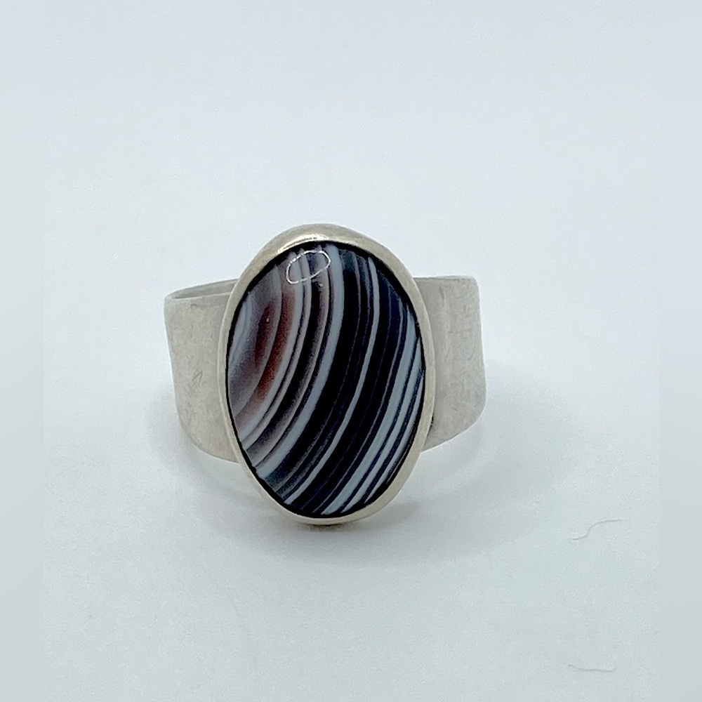 𝅺vtg Sterling Silver & Brown Banded Agate Cabochon Ring Southwestern Sz 7.25